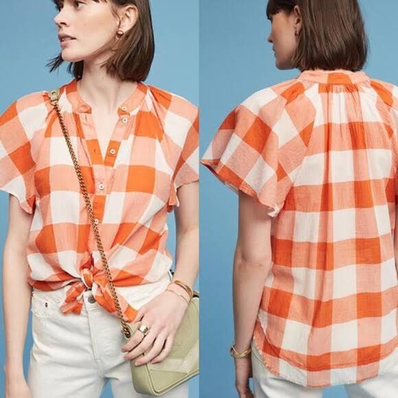 Anthropologie Maeve Orange And White Gingham Flare Sleeve Blouse Size XS - Picture 1 of 10